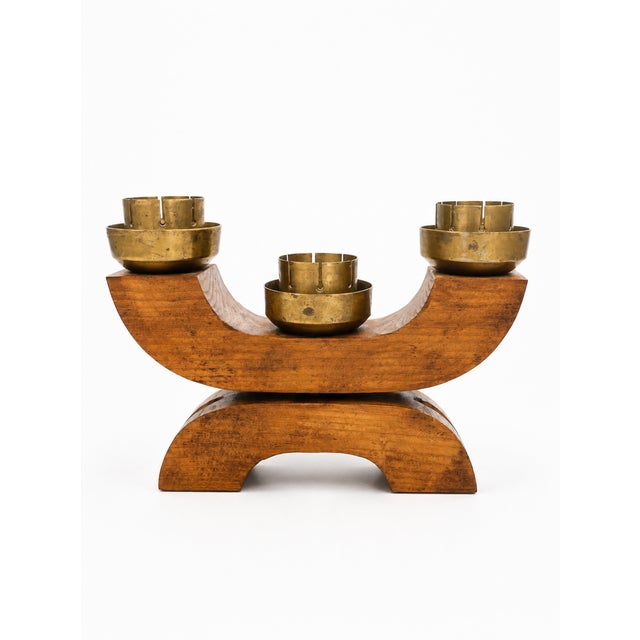 Wood Art Deco European Three Flame Hardwood and Heavy Brass Candlestick, 1930s For Sale - Image 7 of 7