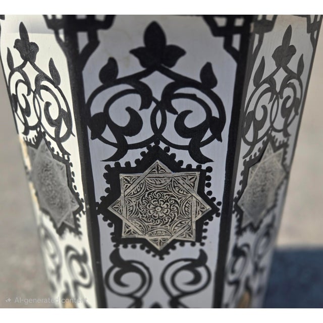 White and Black Moroccan Hand-Painted Accent Table For Sale - Image 4 of 6
