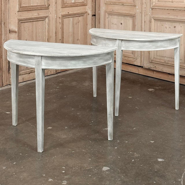 Wood Pair of 19th Century French Directoire Whitewashed Oak Demi Lune Consoles For Sale - Image 7 of 18