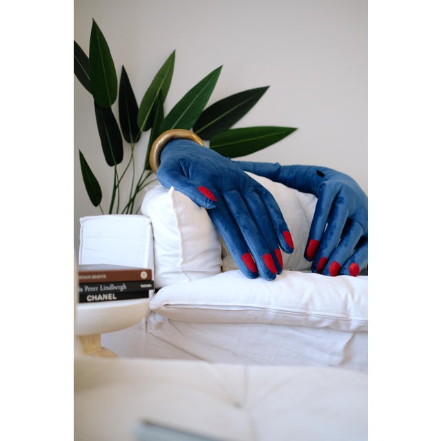 Textile Large Blue Hand Shaped Pillow ,Handmade Velvet Cushion,Unique Decorative Throw Pillow For Sale - Image 7 of 7