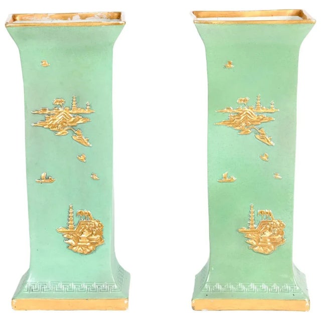 English Glazed / Parcel Gilt Porcelain Vase Pieces - a Pair For Sale - Image 13 of 13