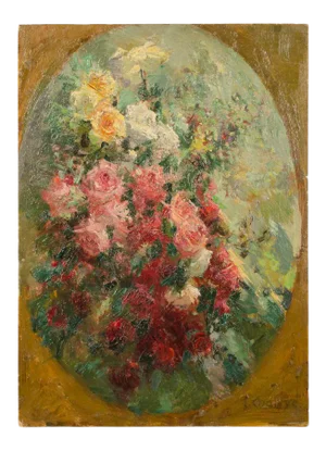 Early 20th Century "Framed Flowers" Still Life Oil Painting by Jean Chaleye