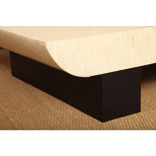 This stunning and now fully restored Paul Frankl style vintage modern cocktail table is tessellated bleached bone inlay...