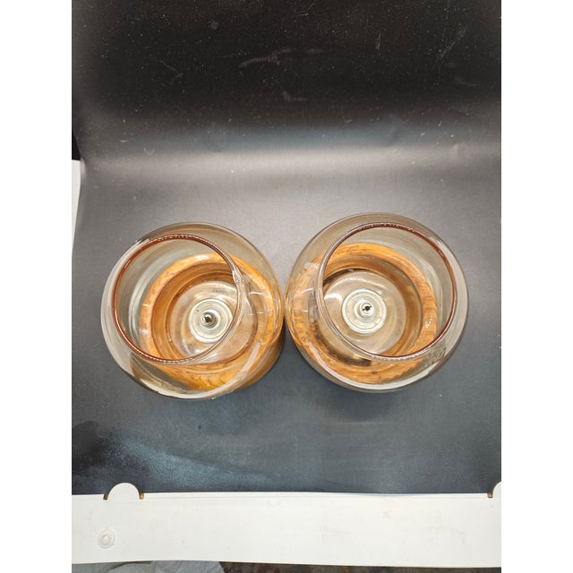 Set of Two Vintage Danish Modern Gailstyn-Sutton Wood & Glass Hurricane Lamp/Candle Holders.