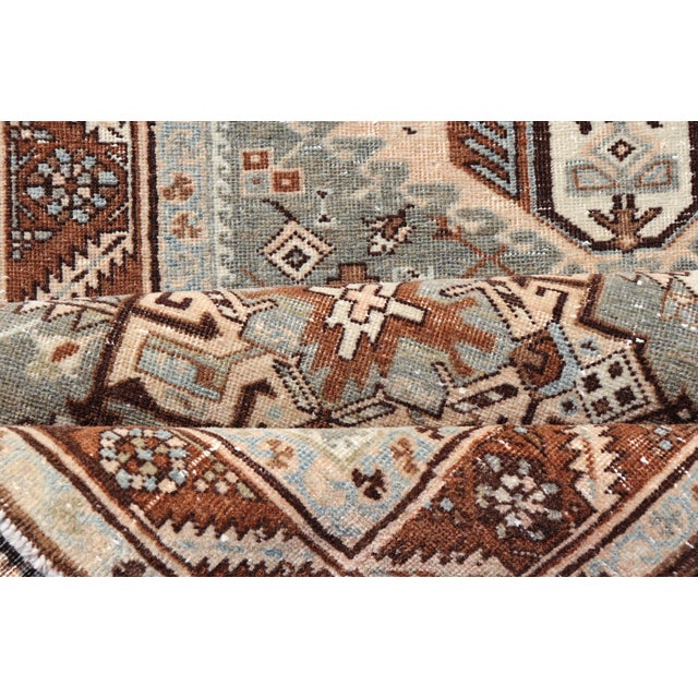 Antique Persian Heriz Runner in Wool With Geometric Medallions in Light Gray Green and Brown For Sale - Image 11 of 12