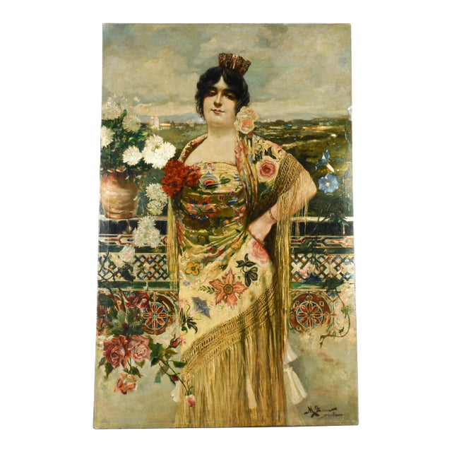 Antique Signed Manuel Ozuna Spanish Portrait Oil on Canvas For Sale