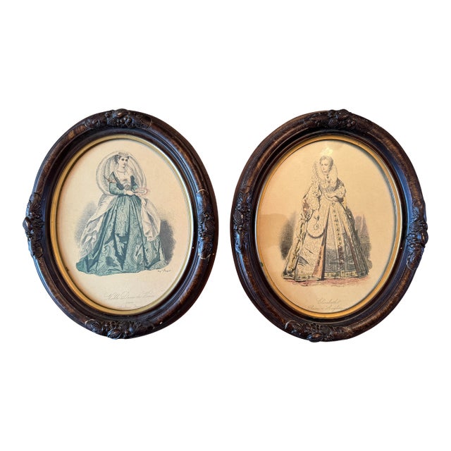 Pair of Vintage Framed French Historical Costume Prints After Hippolyte Paquet Carved Oval Wood Frames European Fashion Illustrations For Sale