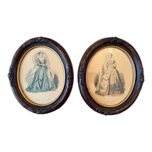 Pair of Vintage Framed French Historical Costume Prints After Hippolyte Paquet Carved Oval Wood Frames European Fashion Illustrations