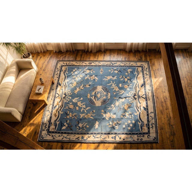 Cornflower Blue 1930s Blue Floral Medallion Antique Chinese Peking Rug 15' 6" X 18' 3" Hand Knotted Wool Carpet For Sale - Image 8 of 9
