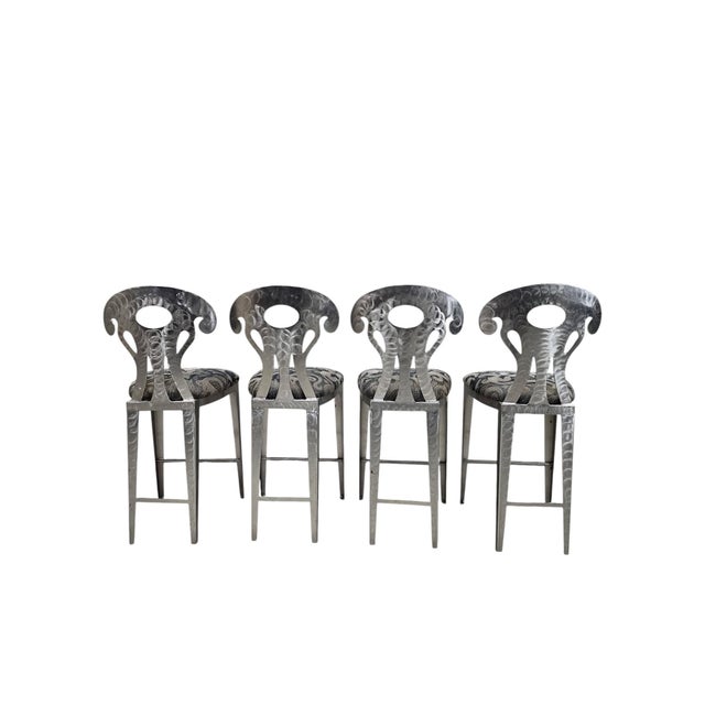 Vintage Memphis Style Hammered Metal Counter Stools - Set of 4 For Sale In Chicago - Image 6 of 12