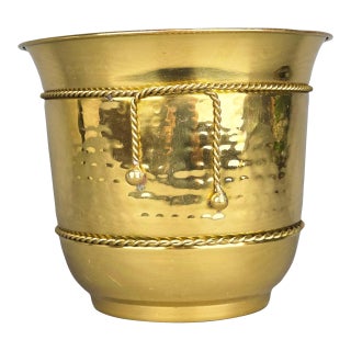 Large Vintage Hand Hammered Brass Planter French Tassel Rope Design For Sale
