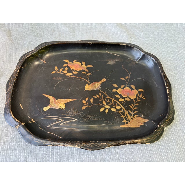 Vintage Black Lacquer Chinoiserie Bird Tray For Sale - Image 4 of 15
