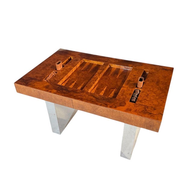 1980s Karl Springer Burlwood and Chrome Backgammon Table, 1980 For Sale - Image 5 of 11
