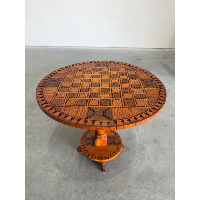 Wood 1930s Tramp Art Matchstick Folk Art Chess Side Table For Sale - Image 7 of 12
