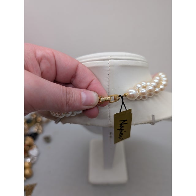 White Vintage 1980s Signed Napier Goldtone Frosted Pink Beads & Faux-Pearls Torsade Necklace For Sale - Image 8 of 8