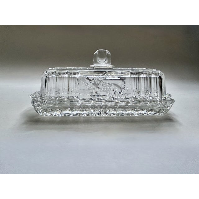 Vintage Art Deco style heavy transparent cut crystal covered Butter Dish, Cheese Dish. Featuring a rectangular glass flat...