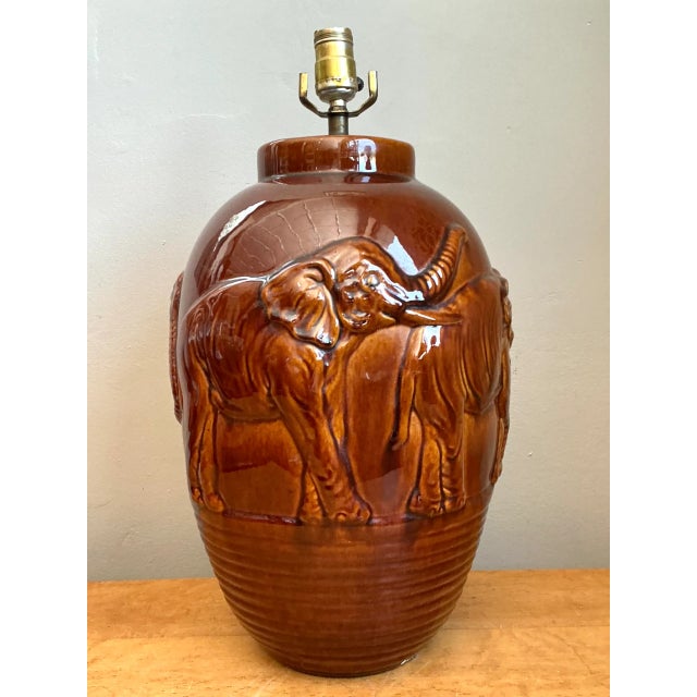 Late 20th Century Vintage Brown Glazed Ceramic Elephant Lamp For Sale - Image 5 of 12