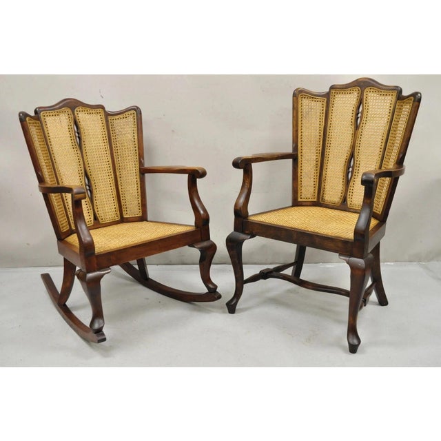 Antique Victorian Walnut and Cane Carved Rocker Rocking Chair W/ Queen Anne Legs For Sale - Image 10 of 10