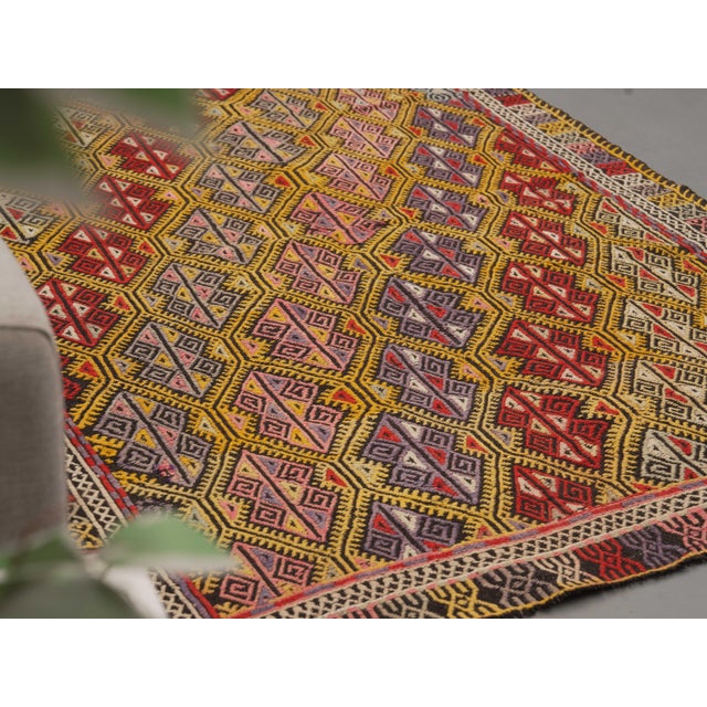 1970s Vintage Handmade Wool Cotton Turkish Yellow Gold Runner Rug For Sale - Image 10 of 11