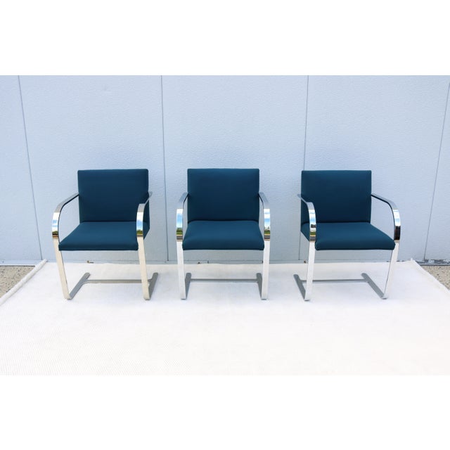 Metal Ludwig Mies Van Der Rohe Brno Flat Bar Chairs in Blue Fabric by Gordon, Set of 3 For Sale - Image 7 of 18