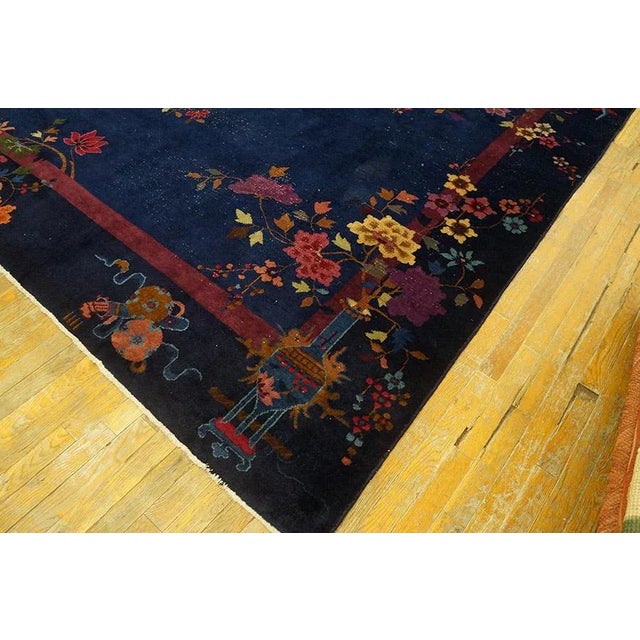 1920s Blue Navy Floral Vase Antique Chinese Art Deco Rug 8'9" X 11'6" Knotted Wool Carpet For Sale - Image 9 of 9