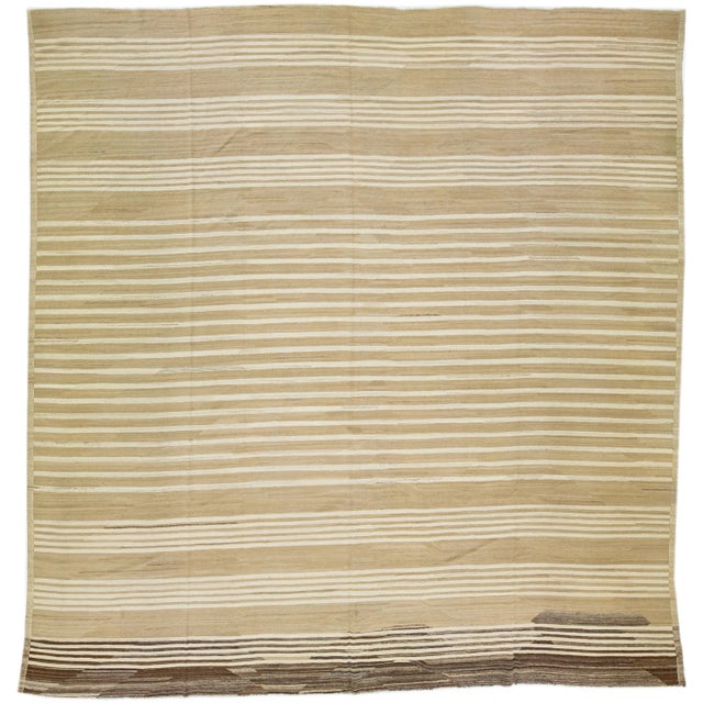 Textile 2010s Modern Square Turkish Kilim Wool Rug With Geometric Tan Field For Sale - Image 7 of 7