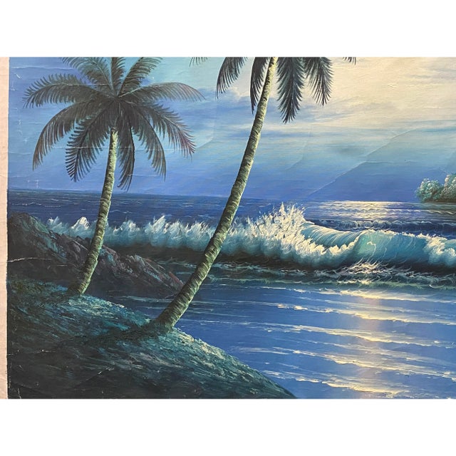 Nautical Oil Paint Canvas Art Palm Tree Ocean Beach Wave Wall Decor Painting For Sale - Image 3 of 5
