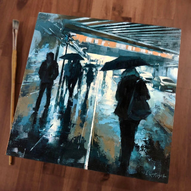 Contemporary London in Shades of Blue by Lindsey Kustusch | Oil on wood panel People walking with umbrellas in rain. For Sale - Image 3 of 5