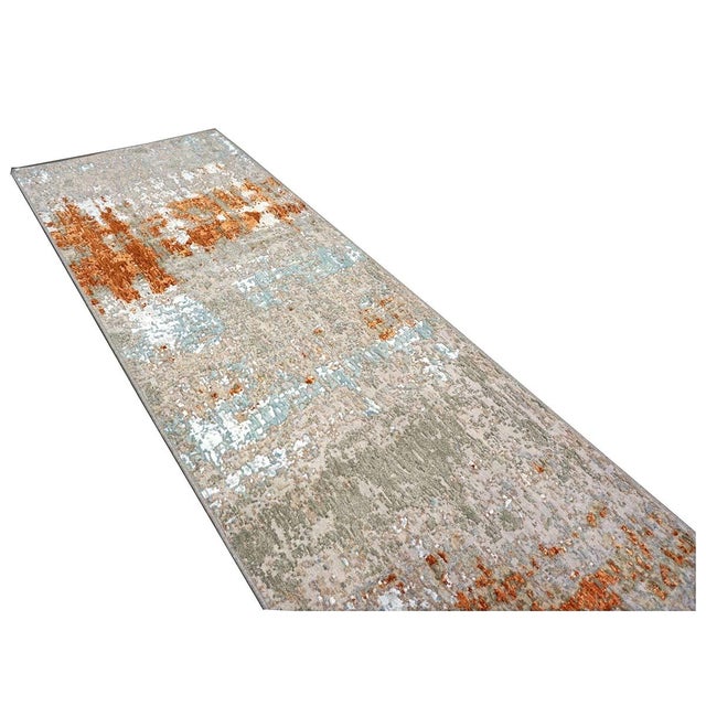 21st Century Indian Modern Wool & Silk 3x9 Grey, Rust, & Slate Runner Rug #1144152 For Sale In Houston - Image 6 of 11