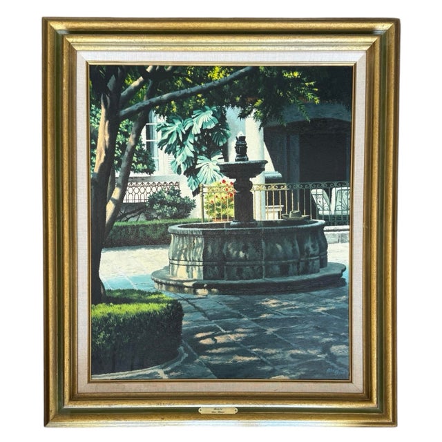 Oil on board original painting of a calm exterior and fountain. Titled ‘Siesta’ and signed by known artist Stan Ekman....