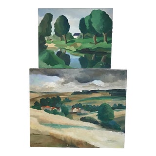 Vintage Contemporary Landscape Paintings on Board - Set of 2 For Sale