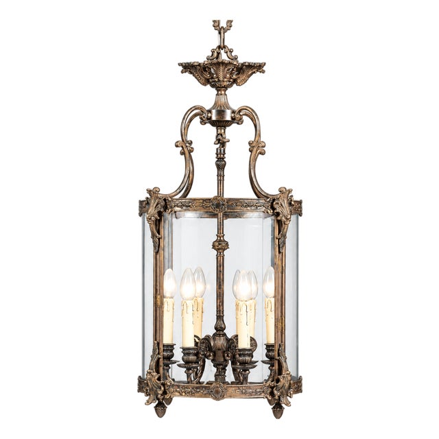 Italian Solid Brass Six-Light Lantern Chandelier For Sale