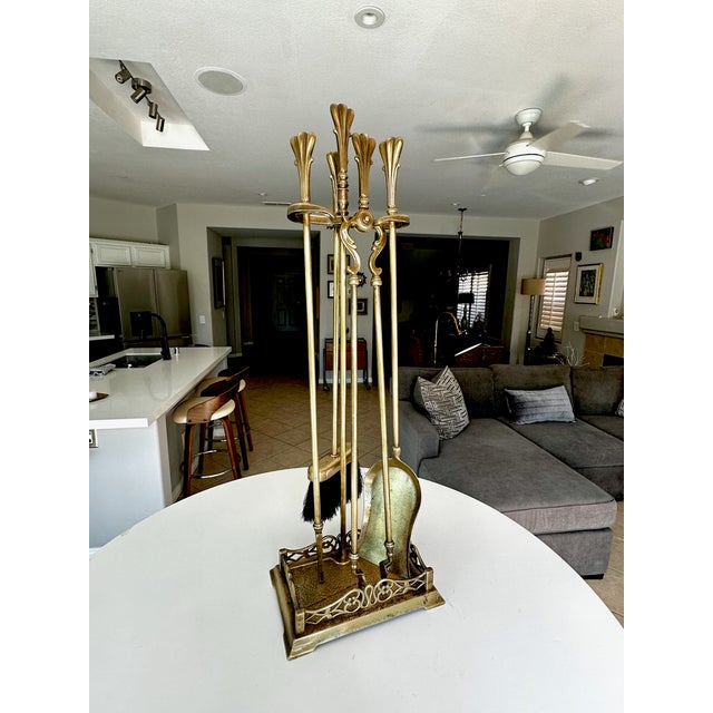 Vintage French Louis XVI Style Brass Fireplace Tool Set / Fleur-De-Lis Finial For Sale In Palm Springs - Image 6 of 18
