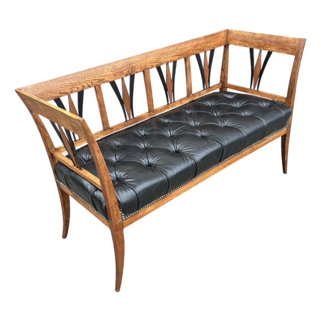 Vintage Sculpted Wood Bench With Button-Tufted Black Leather Seat For Sale
