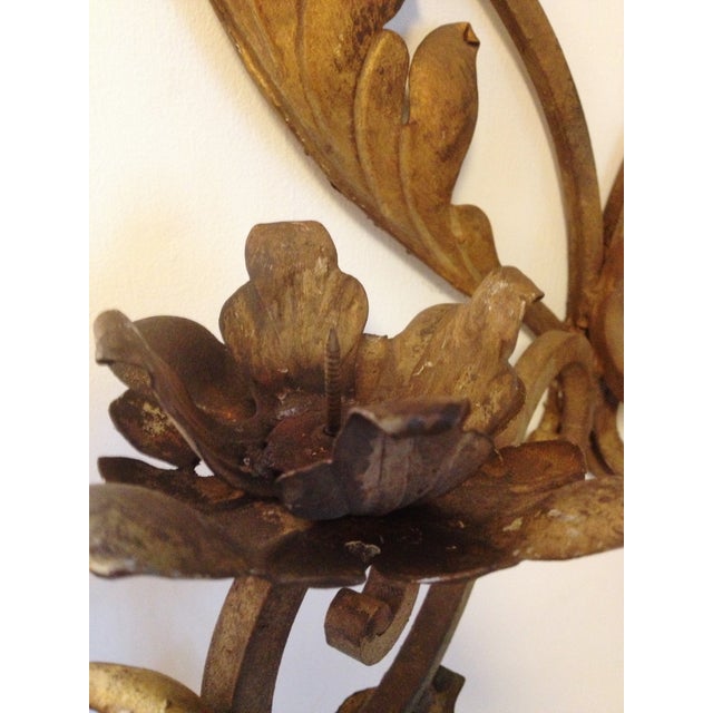 French Iron & Tole 3-Arm Sconces - A Pair For Sale - Image 4 of 4