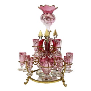 Gilded Metal Liquor Service with Flower Vase, Late 19th Century, Set of 18 For Sale