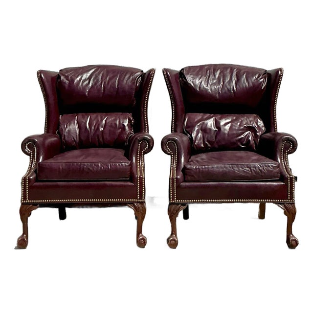 Vintage Regency Merlot Leather Wingback Chairs - A Pair For Sale
