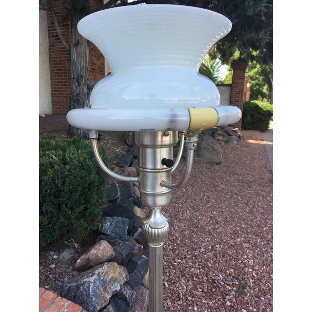 Sunset Lamps 1930s Art Deco Slivered Metal Torchiere & Milk Glass Diffuser For Sale - Image 4 of 13