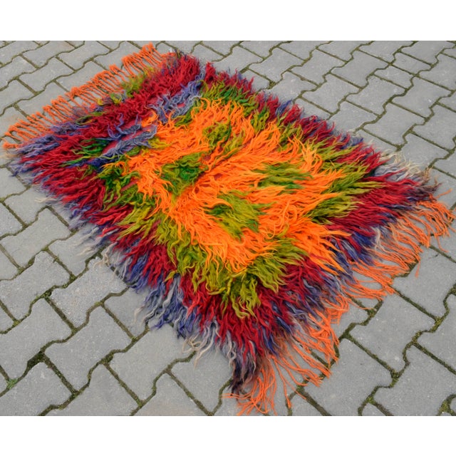 Turkish Hand-Knotted Shaggy Rug Mohair Wool Tulu Rug - 2′9″ × 3′11″ For Sale - Image 4 of 11