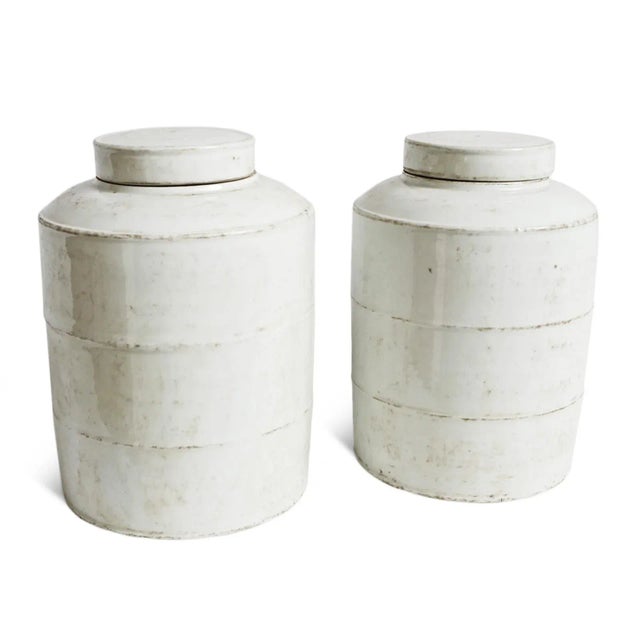 Farmhouse Vintage White Ceramic Farmhouse Jar With Lid Small For Sale - Image 3 of 4