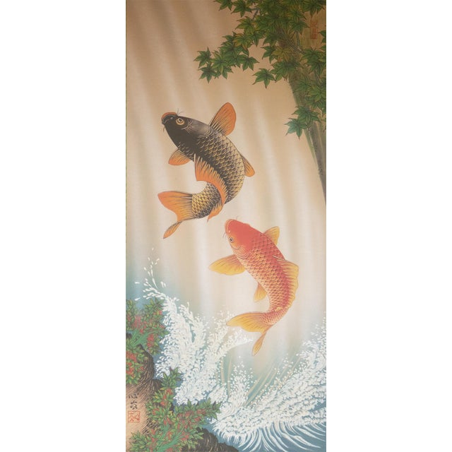 Japanese "Carps", After Shinyū, Heisei Era Printed Japanese Silk Scroll For Sale - Image 3 of 18