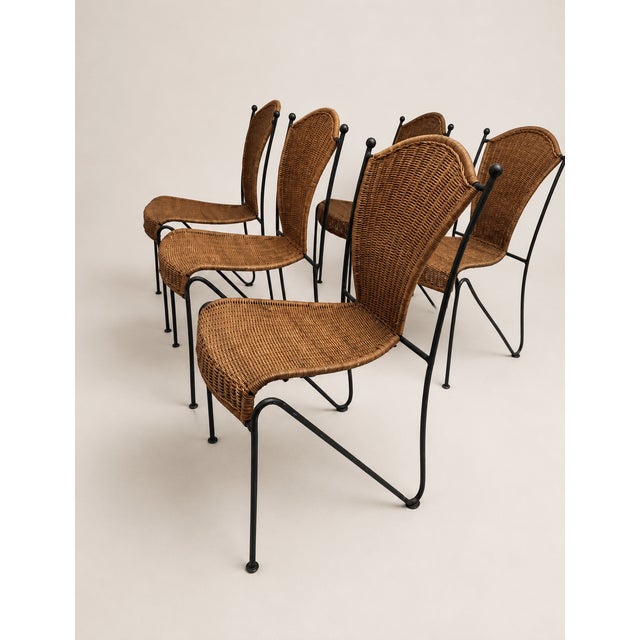 Wood Mid-Century Wicker and Iron Dining Chairs attributed to Frederic Weinberg, 1950s, Set of 6 For Sale - Image 7 of 10