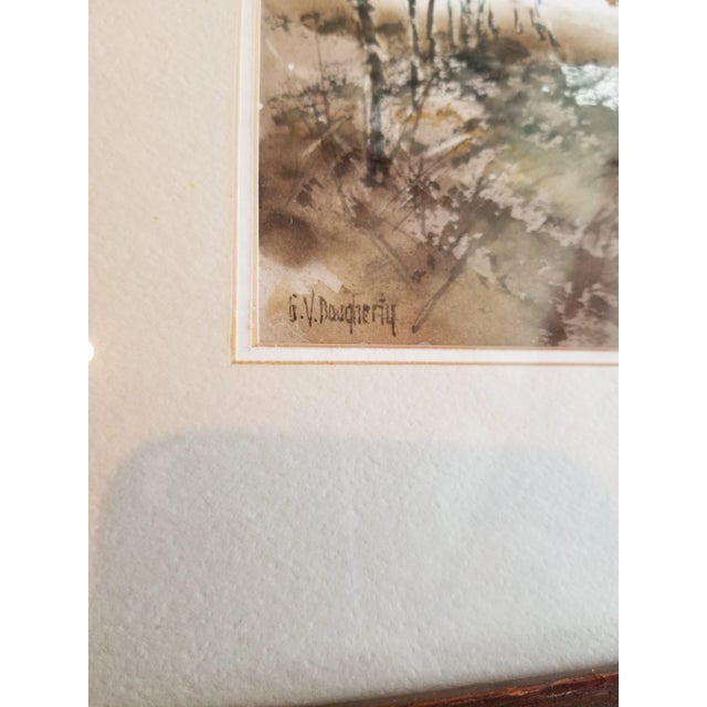 Original GV Dougherty Oklahoma watercolor painting of a farm with cattle and snow. The painting appears to be 11" by 7".