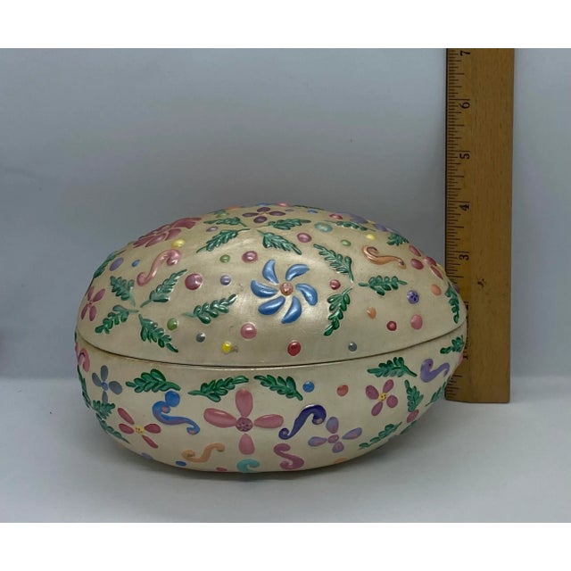 Vintage Black Bird Mold Inc. Hand Painted Multicolored Ceramic Egg Shaped Lidded Box For Sale - Image 12 of 13