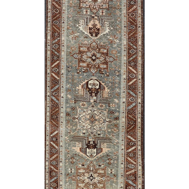 Antique Persian Heriz Runner in Wool with Geometric Medallions in gray Blue, light gray green and Brown. Keivan Woven...