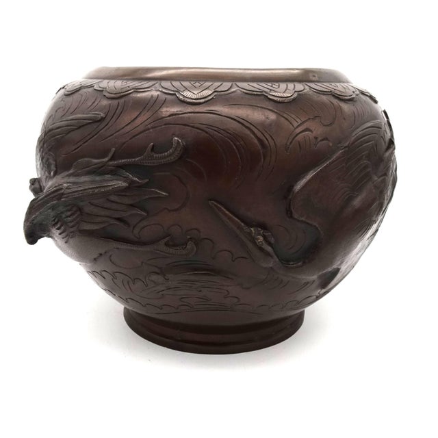 Large Japanese Meiji Bronze Planter with High Relief Cranes, 1890s For Sale - Image 13 of 18