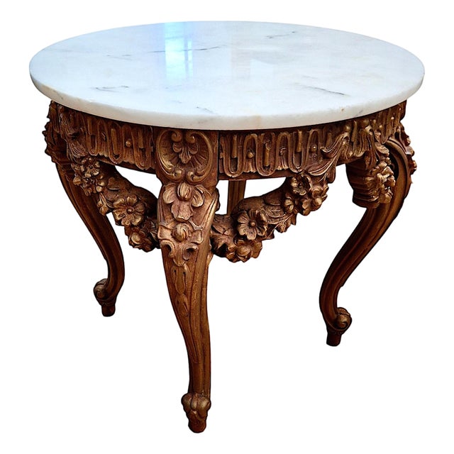 19th-Century Rococo Revival Carved Wood and Marble Accent Table For Sale