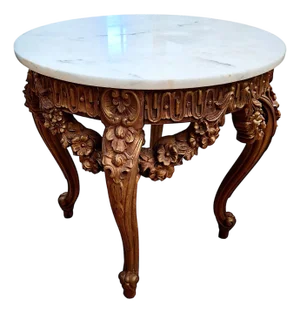 19th-Century Rococo Revival Carved Wood and Marble Accent Table