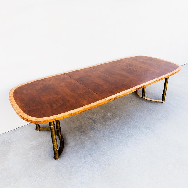 Restored 1970s Burl & Brass Mastercraft Dining Table With Two Leaves, Attributed For Sale - Image 12 of 13