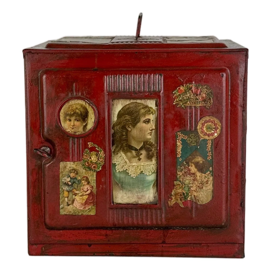 Rare Late 19th Century Red Metal Pie/Bread Safe Box With Decoupage ...